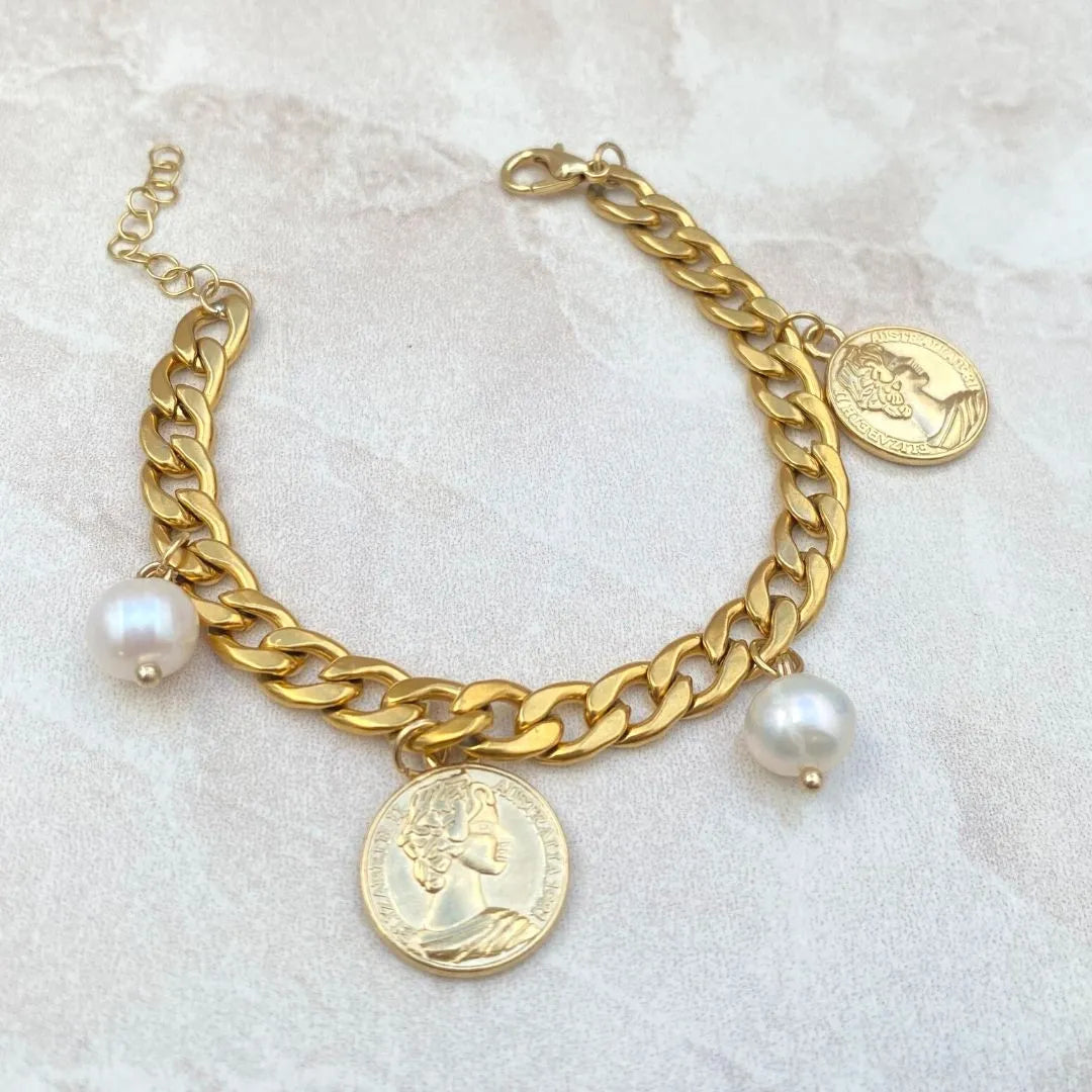 Pulsera Perla Con Moneda